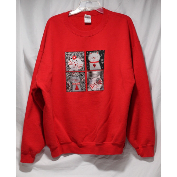 Cat Sweatshirt Women's XL Red LS Pop-over Crewneck Patchwork Crazy Cat Lady Cozy - Picture 4 of 12